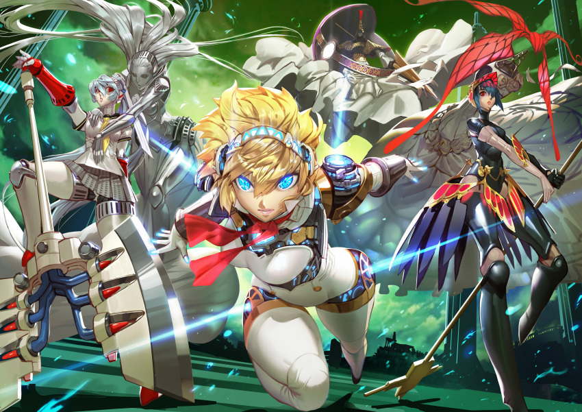 3girls, absurdres, aegis_(persona), ariadne_(megami_tensei), ascot, athena_(megami_tensei), axe, black_hair, blonde_hair, blue_eyes, glowing, highres, jojaow, labrys, looking_at_viewer, metis, multiple_girls, persona, persona_3, persona_4:_the_ultimate_in_mayonaka_arena, plaid, plaid_skirt, psyche_(persona_3), red_eyes, robot, robot_joints, sailor_collar, school_uniform, short_hair, silver_hair, skirt, staff, weapon