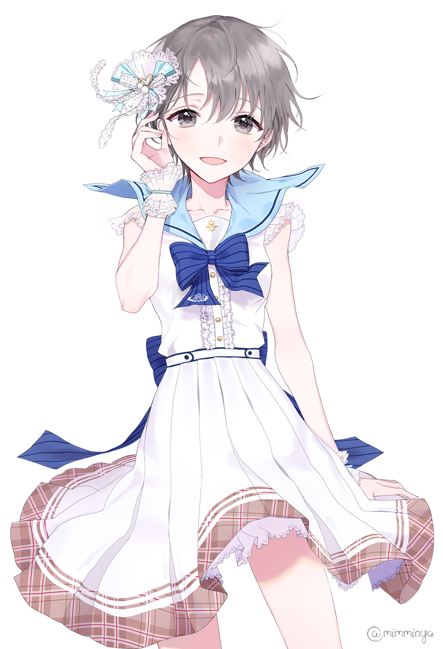 1girl, black_eyes, blush, dress, grey_hair, hair_ornament, highres, idolmaster