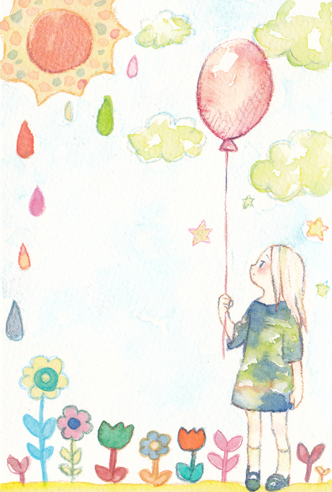 1girl, balloon, child_drawing, clouds, colored_pencil_(medium), flower, kaga_rin, looking_to_the_side