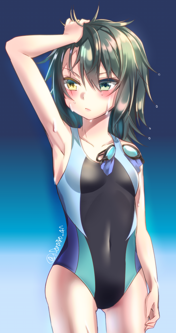 10s, 1girl, arm_up, competition_swimsuit, cowboy_shot, gluteal_fold, goggles, goggles_removed