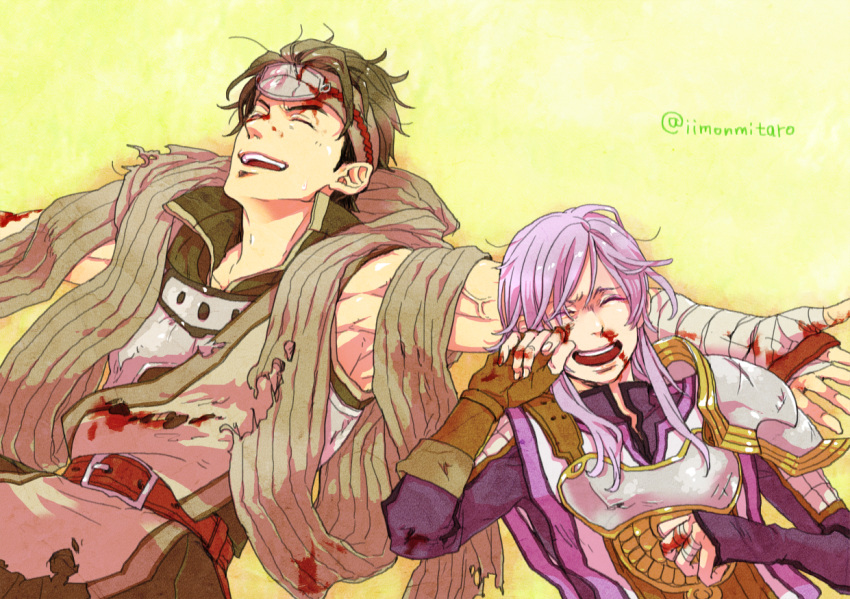 2boys, adusa, armor, artist_name, bandage, belt, blood, blood_on_face
