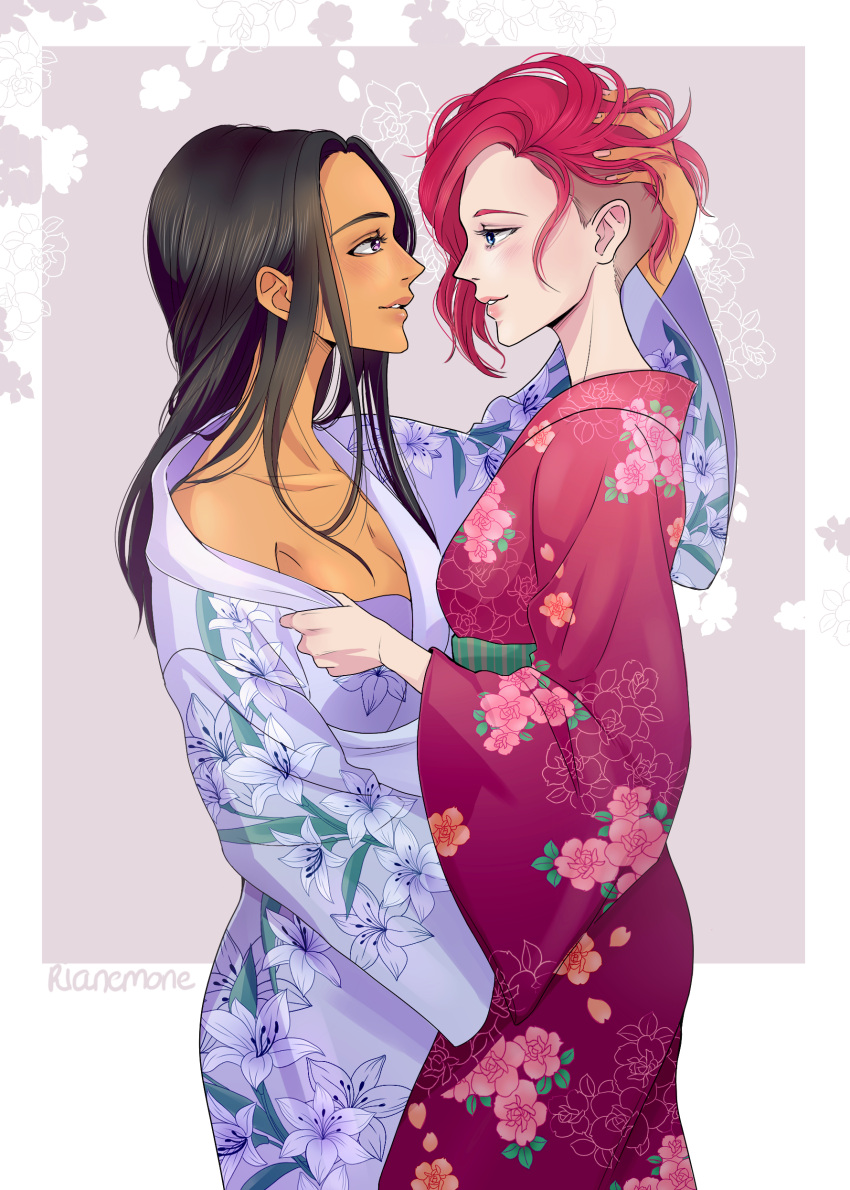 2girls, absurdres, black_hair, blue_eyes, breasts, cleavage, dark_skin, eye_contact