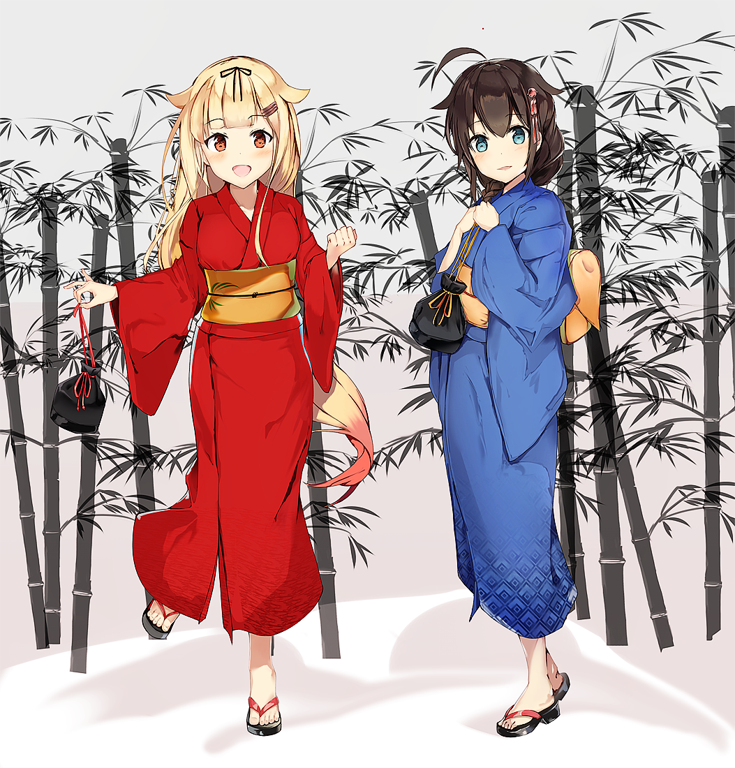 10s, 2girls, :d, ahoge, alternate_costume, bamboo, black_hair, blonde_hair