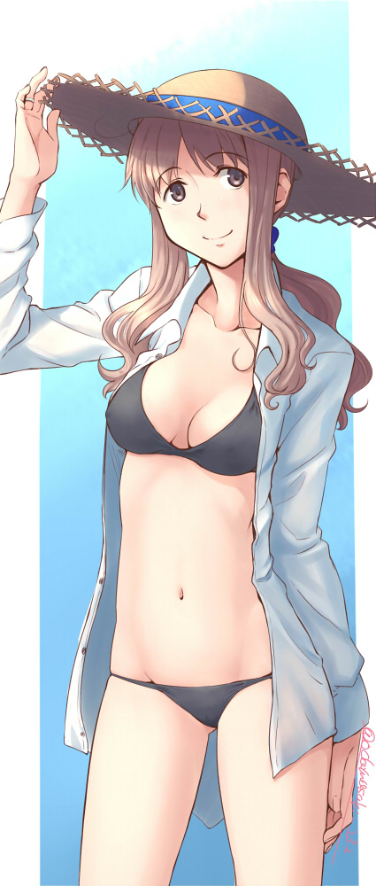 1girl, arm_at_side, bangs, bikini, bikini_under_clothes, black_bikini, blue_ribbon, breasts