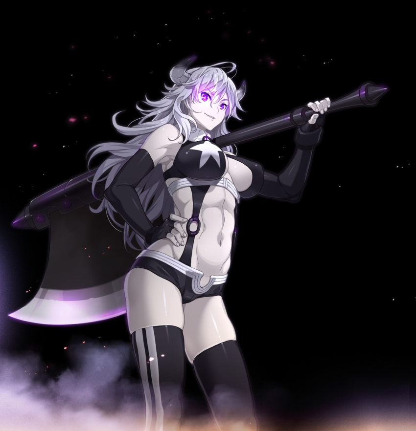 1girl, abs, axe, black_gloves, bright_pupils, carrying_over_shoulder, elbow_gloves, fingerless_gloves