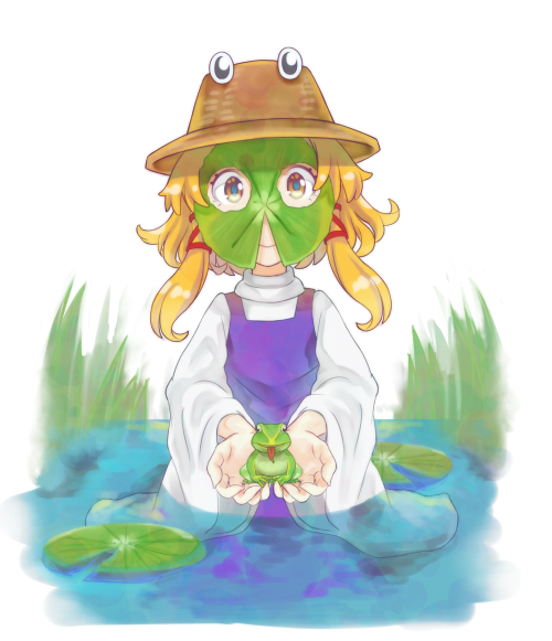 1girl, blonde_hair, bogyaku_no_m, brown_eyes, commentary_request, day, dress, frog