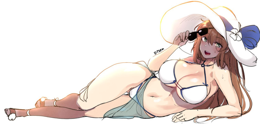 1girl, artist_name, bikini, blush, breasts, brown_hair, cleavage, etsem