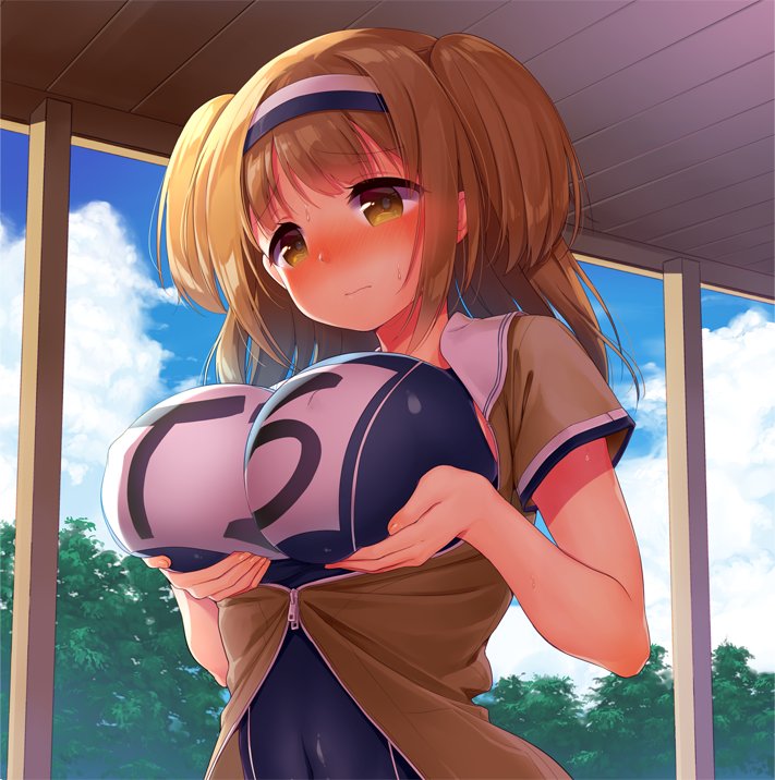 10s, 1girl, blush, breast_lift, breasts, clouds, cloudy_sky, erect_nipples