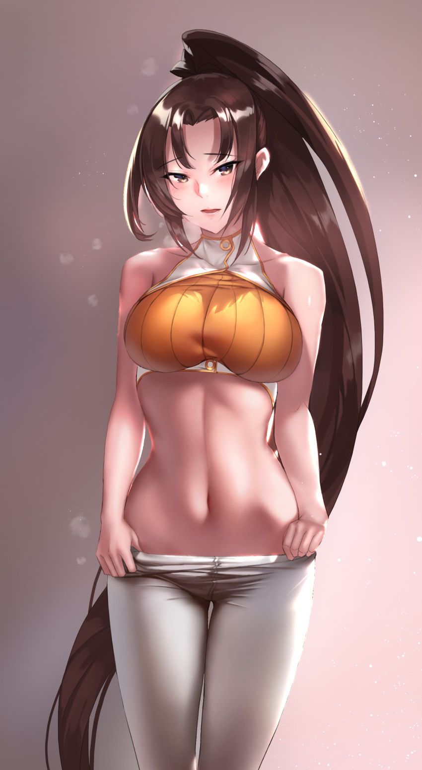 1girl, absurdres, aowltus209, blush, brown_eyes, brown_hair, cowboy_shot, crop_top