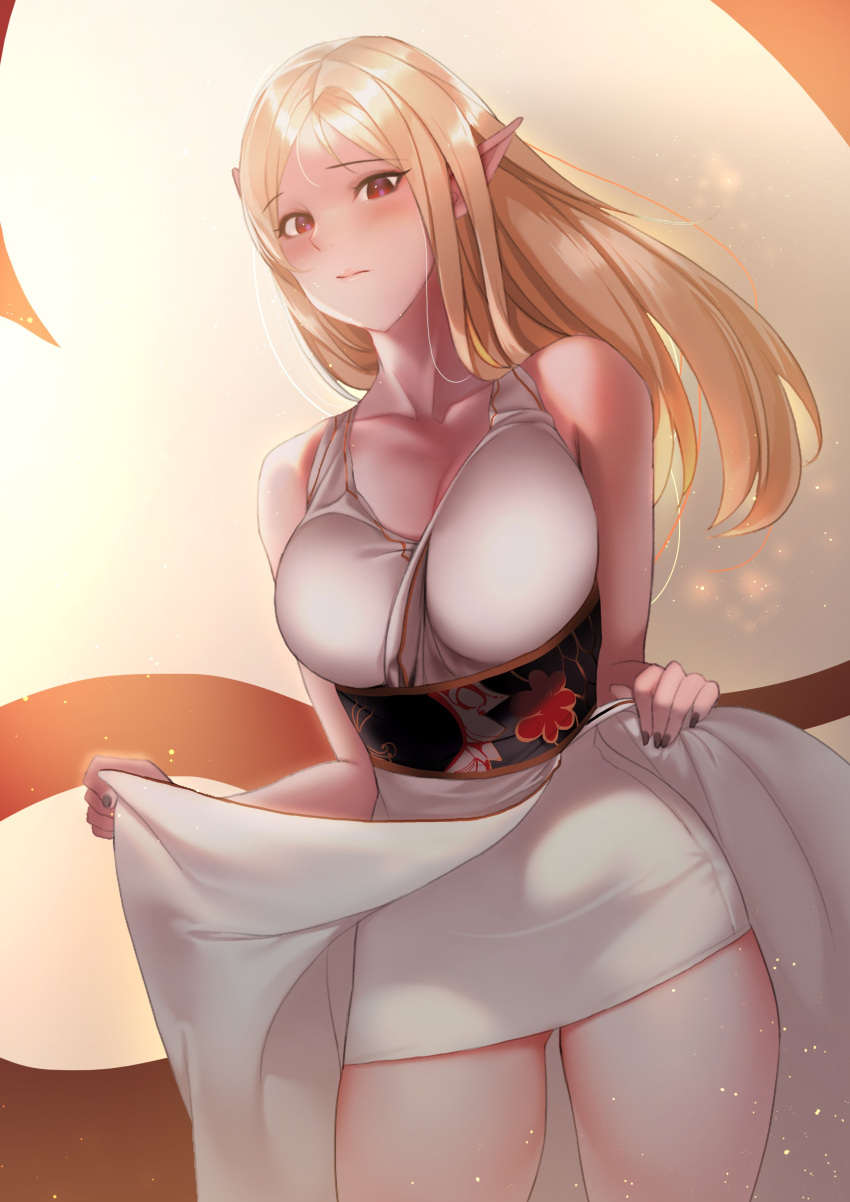 1girl, absurdres, alternate_costume, aowltus209, black_nails, blonde_hair, blush, breasts