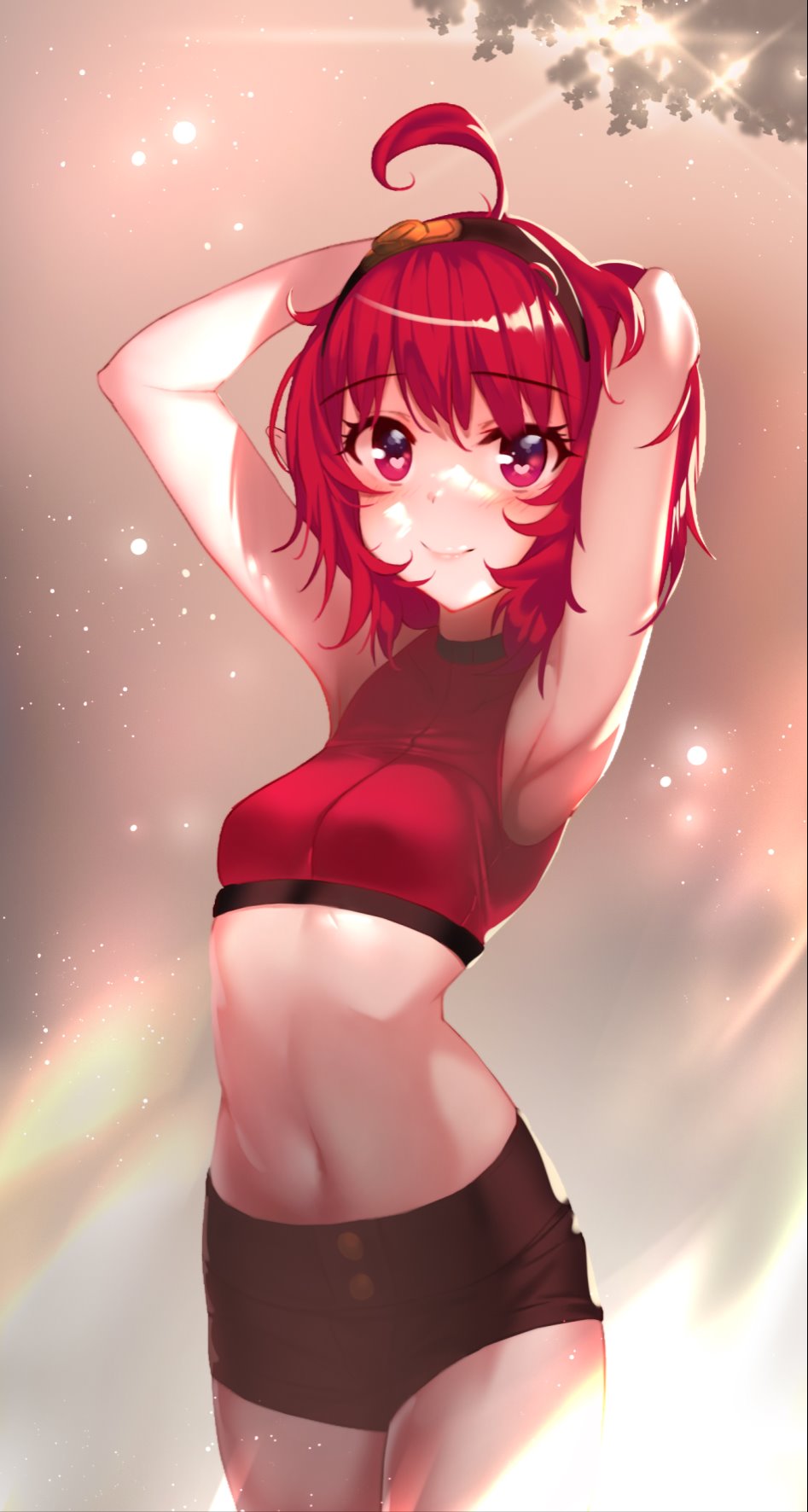 1girl, aowltus209, arched_back, armpits, arms_up, blush, breasts, crop_top