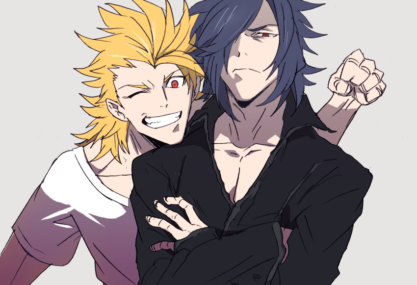 2boys, black_hair, black_shirt, blonde_hair, casual, clenched_hand, crossed_arms, grey_background