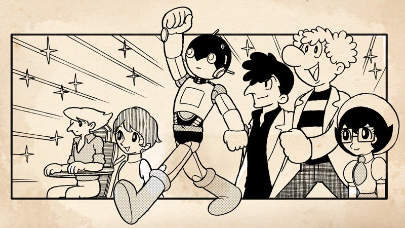 2girls, 3boys, a106, arm_up, atom:_the_beginning, beret, big_nose, boots
