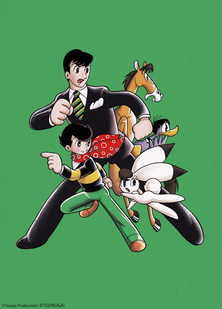 2boys, bird, bokko_(wonder_three), brothers, clenched_hand, duck, formal, full_body, green_background, horse, hoshi_kouichi, hoshi_shinichi, multiple_boys, necktie, nokko_(wonder_three), official_art, pukko_(wonder_three), rabbit, red_scarf, running, scarf, shirt, siblings, simple_background, striped, striped_necktie, striped_shirt, suit, tezuka_osamu_(style), tsunogai, watermark, wonder_three