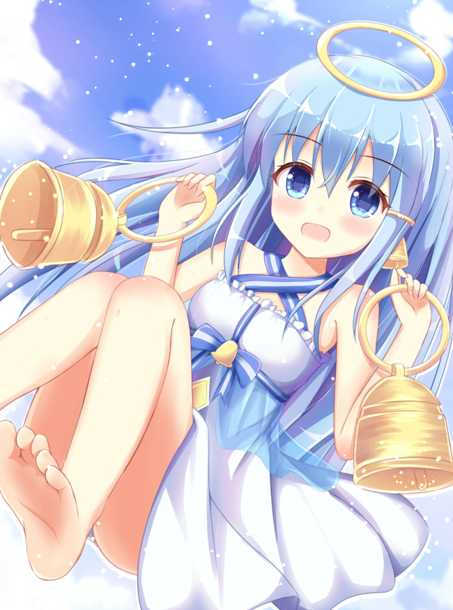 1girl, :o, bare_legs, barefoot, bell, bell_earrings, bellringer_angel, blue_hair