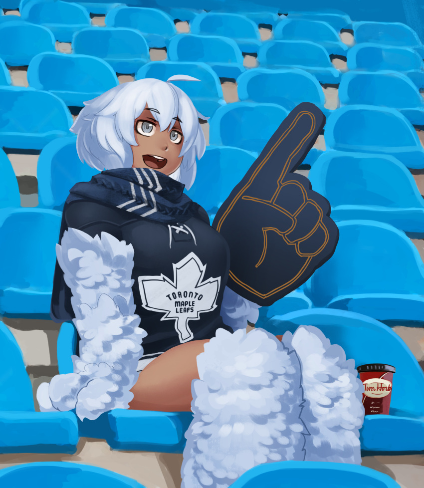 1girl, :d, ahoge, black_gloves, black_scarf, blush, clothes_writing, commentary
