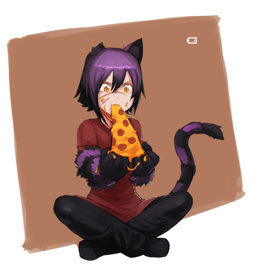 1girl, animal_ears, black_hair, cat_ears, cat_tail, cheshire_cat_(monster_girl_encyclopedia), eating, facial_scar