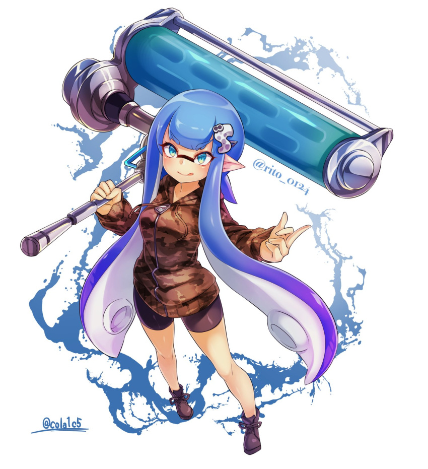 1girl, :p, bangs, bike_shorts, black_shoes, black_shorts, blue_eyes, blue_hair