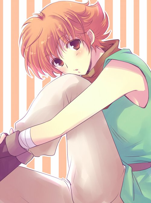 1girl, androgynous, bandage, bud_(tear_ring_saga), fingerless_gloves, gloves, open_mouth, orange_eyes
