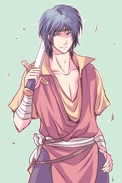 1boy, bandage, blue_eyes, blue_hair, circlet, green_background, male_focus, shigen_(tear_ring_saga)