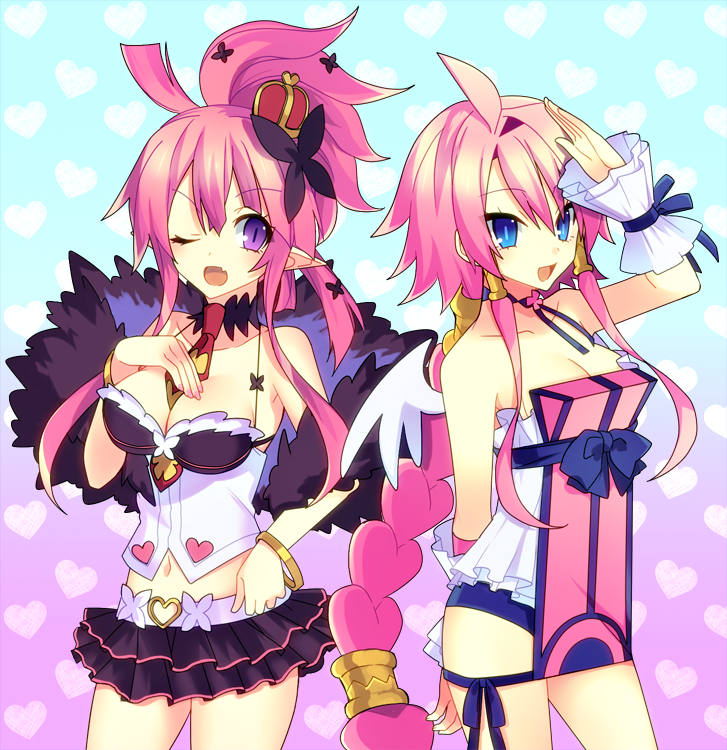 2girls, ;d, aqua_background, belt, black_skirt, blue_bow, blue_eyes, bow