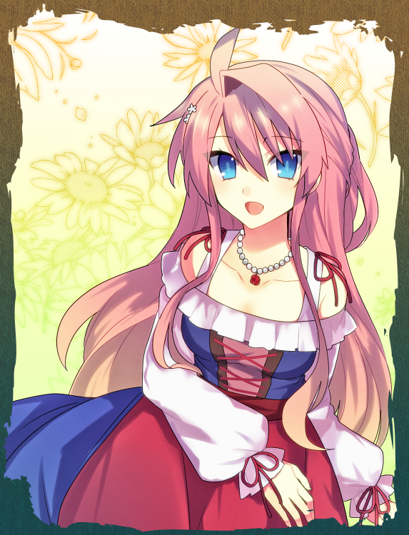 1girl, :d, ahoge, artina_(disgaea), blue_eyes, cowboy_shot, disgaea, dress