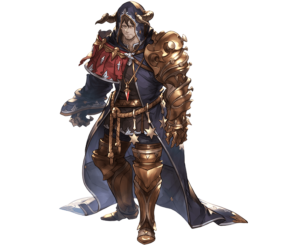 1boy, armor, armored_boots, beard, belt, boots, brown_eyes, brown_hair, doraf, facial_hair, full_body, geisenborger, granblue_fantasy, hood, horns, jewelry, male_focus, minaba_hideo, necklace, official_art, solo, transparent_background