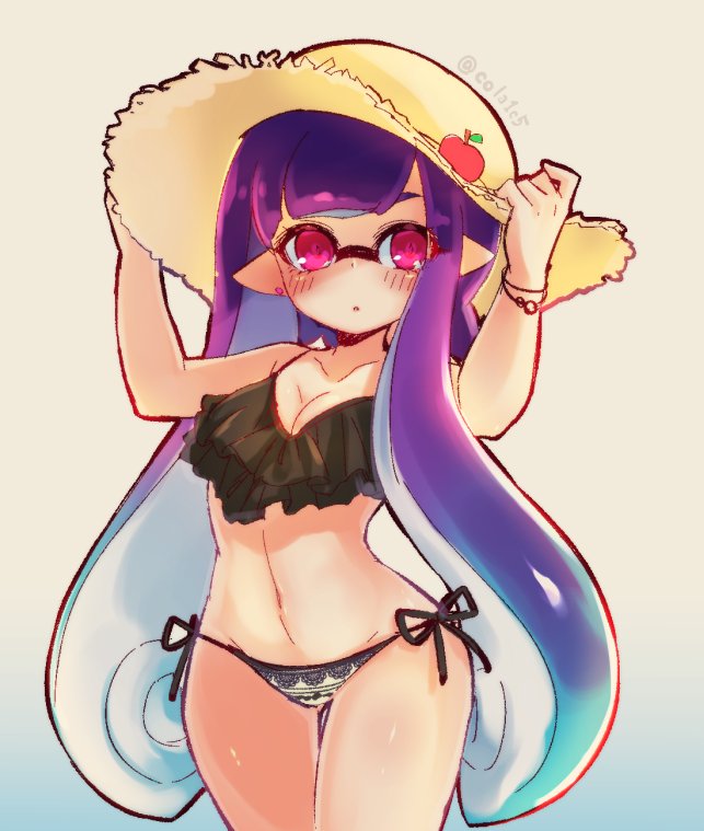 1girl, apple, bangs, bikini, black_bikini, blunt_bangs, blush, bracelet