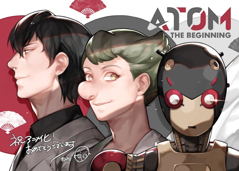 2boys, a106, announcement_celebration, atom:_the_beginning, big_nose, black_hair, black_shirt, brown_hair
