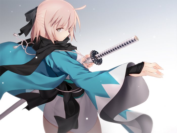 1girl, ahoge, black_bow, black_scarf, bow, cowboy_shot, fate_(series), from_side