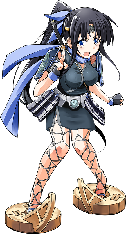 1girl, :d, artist_request, black_hair, blue_eyes, blue_ribbon, blush, breasts, fingerless_gloves, full_body, gloves, hair_ribbon, headband, long_hair, looking_at_viewer, medium_breasts, minakuchi_(oshiro_project), ninja, official_art, open_mouth, oshiro_project, oshiro_project_re, ponytail, ribbon, sleeveless, smile, solo, standing, transparent_background, very_long_hair