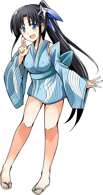 1girl, :d, artist_request, black_hair, blue_ribbon, blush, breasts, full_body, hair_ornament, hair_ribbon, long_hair, looking_at_viewer, medium_breasts, minakuchi_(oshiro_project), official_art, open_mouth, oshiro_project, oshiro_project_re, ponytail, ribbon, shuriken, smile, solo, standing, transparent_background, very_long_hair