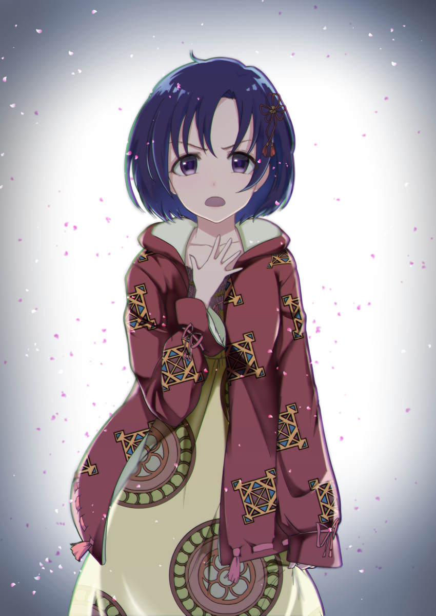 1girl, alternate_costume, blue_hair, cosplay, hair_ornament, hand_on_own_chest, highres, idolmaster