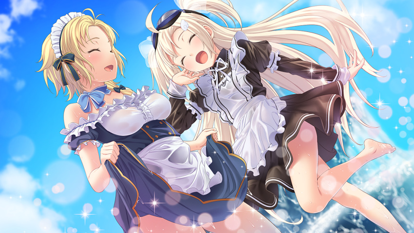 2girls, ahoge, alternate_costume, bare_shoulders, barefoot, blonde_hair, closed_eyes, enmaided