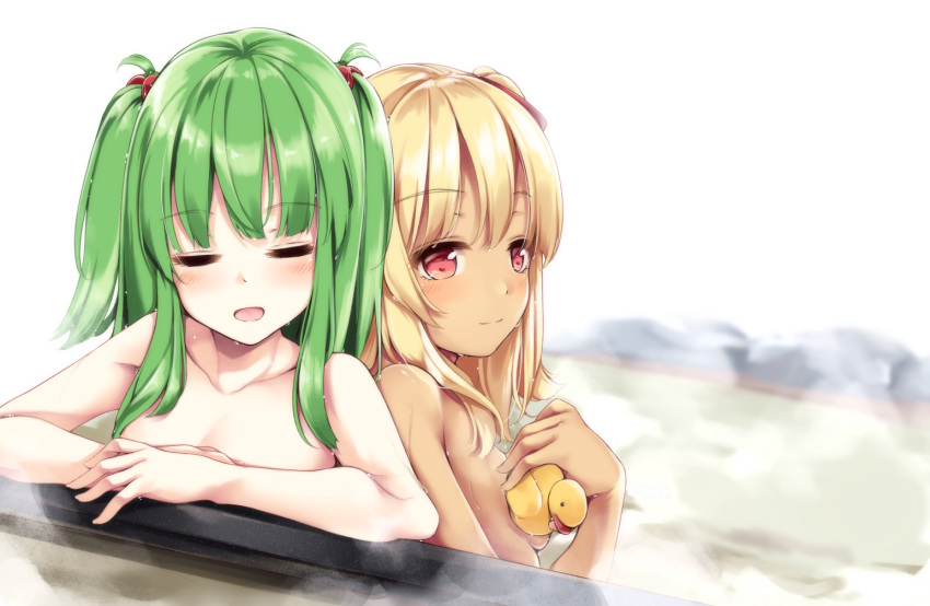 2girls, back-to-back, bangs, bathing, beatmania, beatmania_iidx, blonde_hair, blush