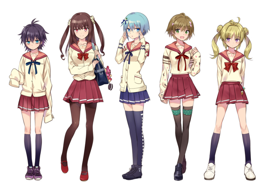5girls, adjusting_glasses, ahoge, bag, bags_under_eyes, black_hair, blonde_hair, blue_hair, blue_legwear, bow, bowtie, brown_hair, cardigan, double_bun, drill_hair, full_body, glasses, hair_ornament, kneehighs, long_hair, looking_at_viewer, multiple_girls, ninomoto, original, pantyhose, personification, pleated_skirt, red_skirt, school_bag, school_uniform, scrunchie, shoes, short_hair, simple_background, skirt, sleeves_past_wrists, smile, standing, sweater, thigh-highs, thigh_gap, twin_drills, two_side_up, white_background, zettai_ryouiki