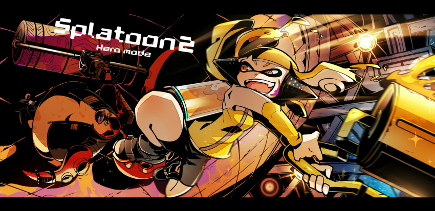 1girl, bangs, black_boots, black_shorts, blonde_hair, blunt_bangs, boots, carbon_roller_(splatoon)