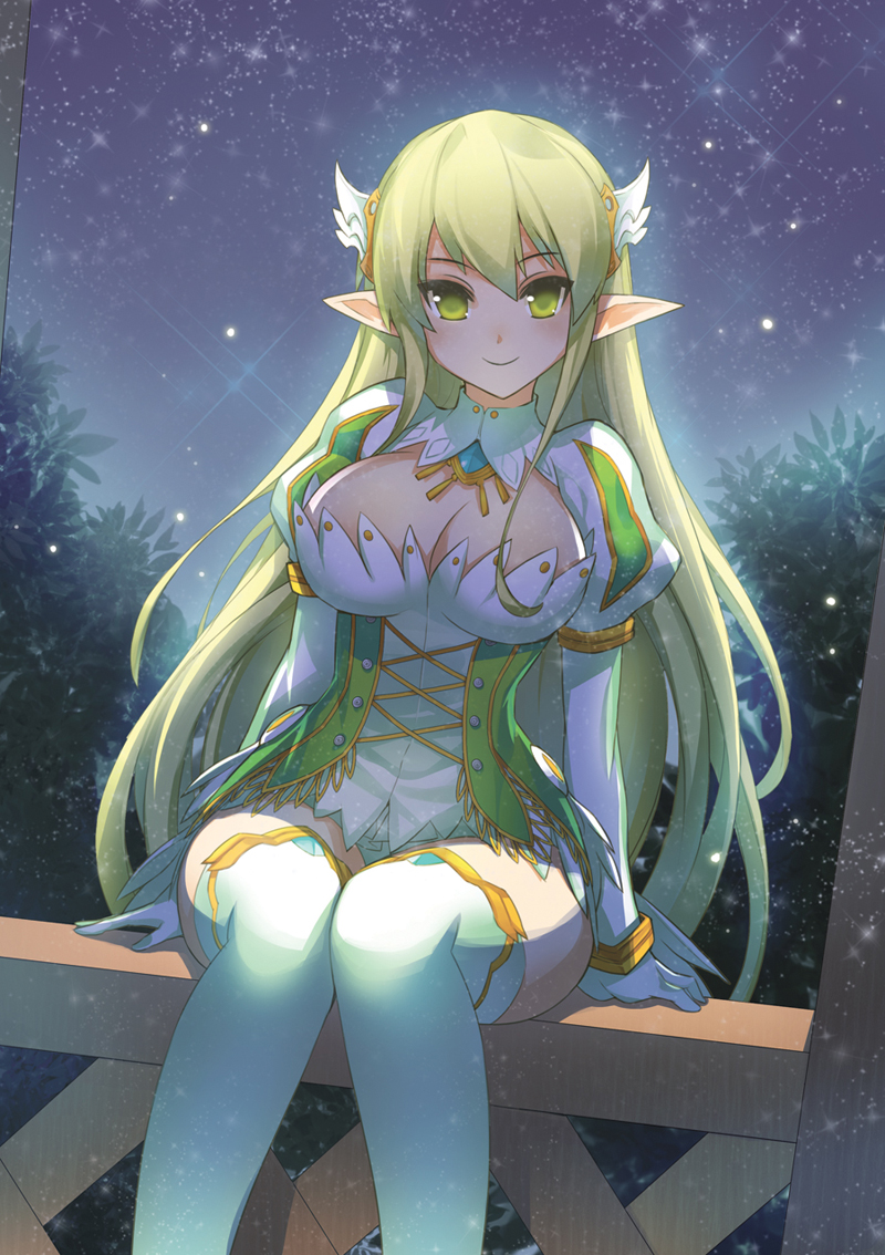 1girl, breasts, cleavage, cleavage_cutout, cross-laced_clothes, elf, elsword, eyebrows_visible_through_hair