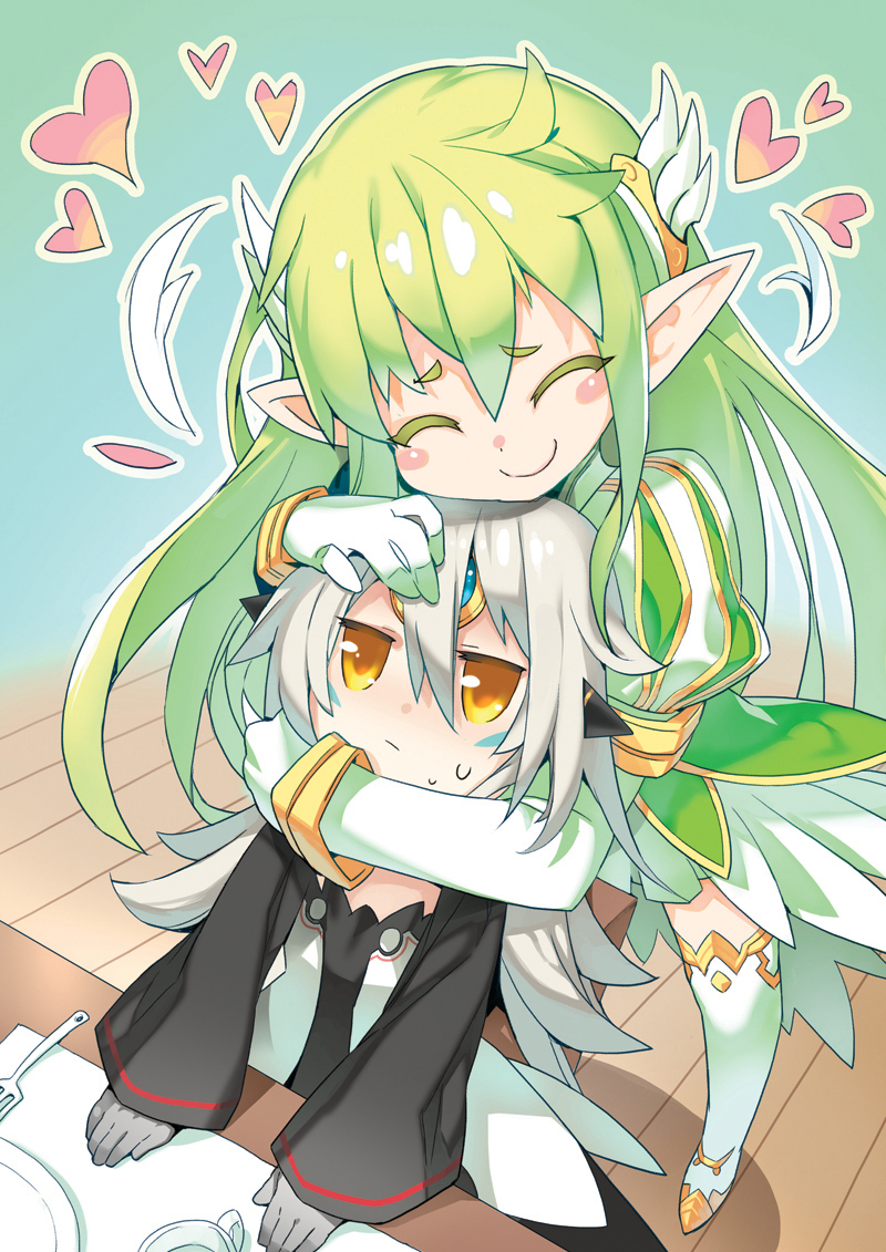 2girls, blush, blush_stickers, closed_eyes, code:_exotic_(elsword), cup, elf, elsword, eve_(elsword), facial_mark, fork, gloves, grand_archer_(elsword), green_hair, hair_ornament, heart, hug, hug_from_behind, long_hair, multiple_girls, octoman, plate, pointy_ears, rena_(elsword), simple_background, sweatdrop, table, white_hair, yellow_eyes