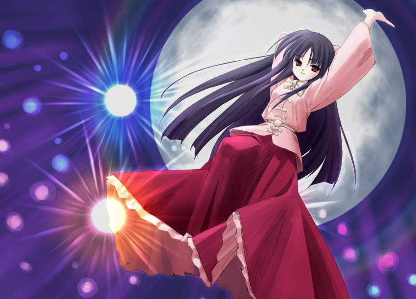 black_hair, brown_eyes, full_moon, houraisan_kaguya, long_hair, long_skirt, moon, orino_yushi, skirt, touhou