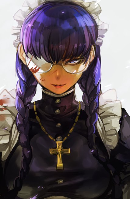 1girl, bangs, black_hair, black_lagoon, blood, braid, cross, glasses, grey_background, grey_eyes, hankuri, lips, long_hair, looking_at_viewer, maid, maid_headdress, roberta_(black_lagoon), simple_background, solo, twin_braids, upper_body