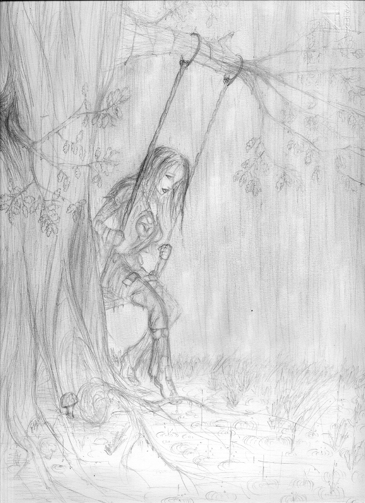 auria_edith, belts, gothic_lolita, long_hair, monochrome, rain, swingset, trees