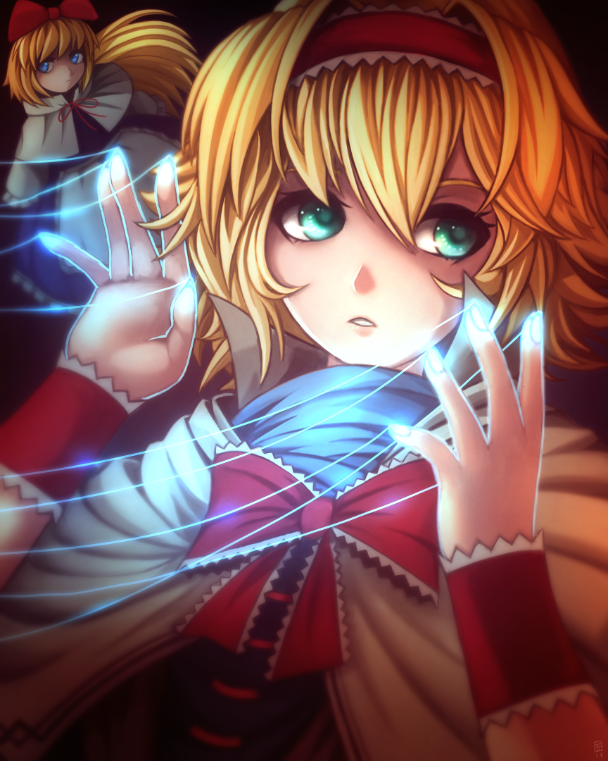 1girl, alice_margatroid, aqua_eyes, bangs, blonde_hair, blue_eyes, blurry, bow