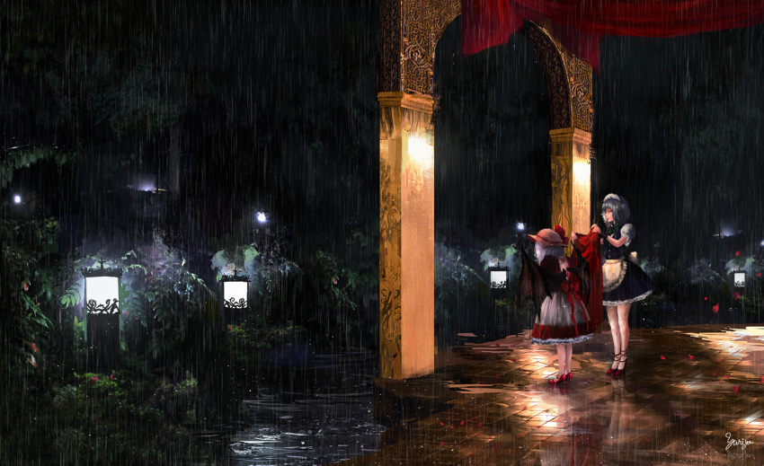 2girls, apron, arch, artist_name, bat_wings, blue_dress, bow, bowtie, bush, cape, closed_eyes, commentary_request, dress, frills, from_behind, full_body, green_bow, green_hair, hat, high_heels, holding, izayoi_sakuya, lantern, lavender_hair, light, lips, maid_headdress, medium_skirt, mob_cap, multiple_girls, night, petals, plant, puddle, puffy_short_sleeves, puffy_sleeves, rain, red_bow, red_cape, red_shoes, reflection, remilia_scarlet, sash, shiny, shiny_hair, shoes, short_hair, short_sleeves, standing, tile_floor, tiles, touhou, tree, waist_apron, water, water_drop, wet, wings, wristband, yuriya_(riyuclock_19)