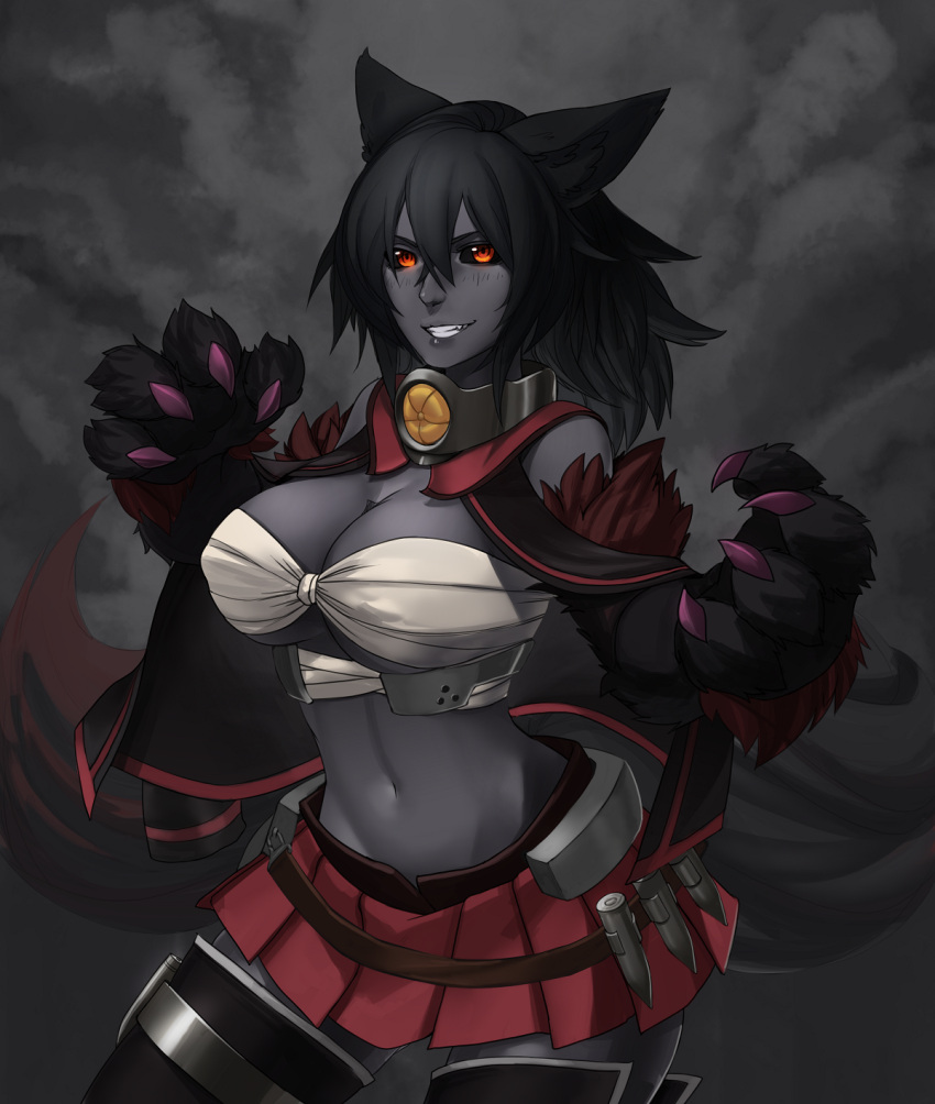 animal_ears, belt, black_hair, black_sclera, breasts, cape, collar, cosplay