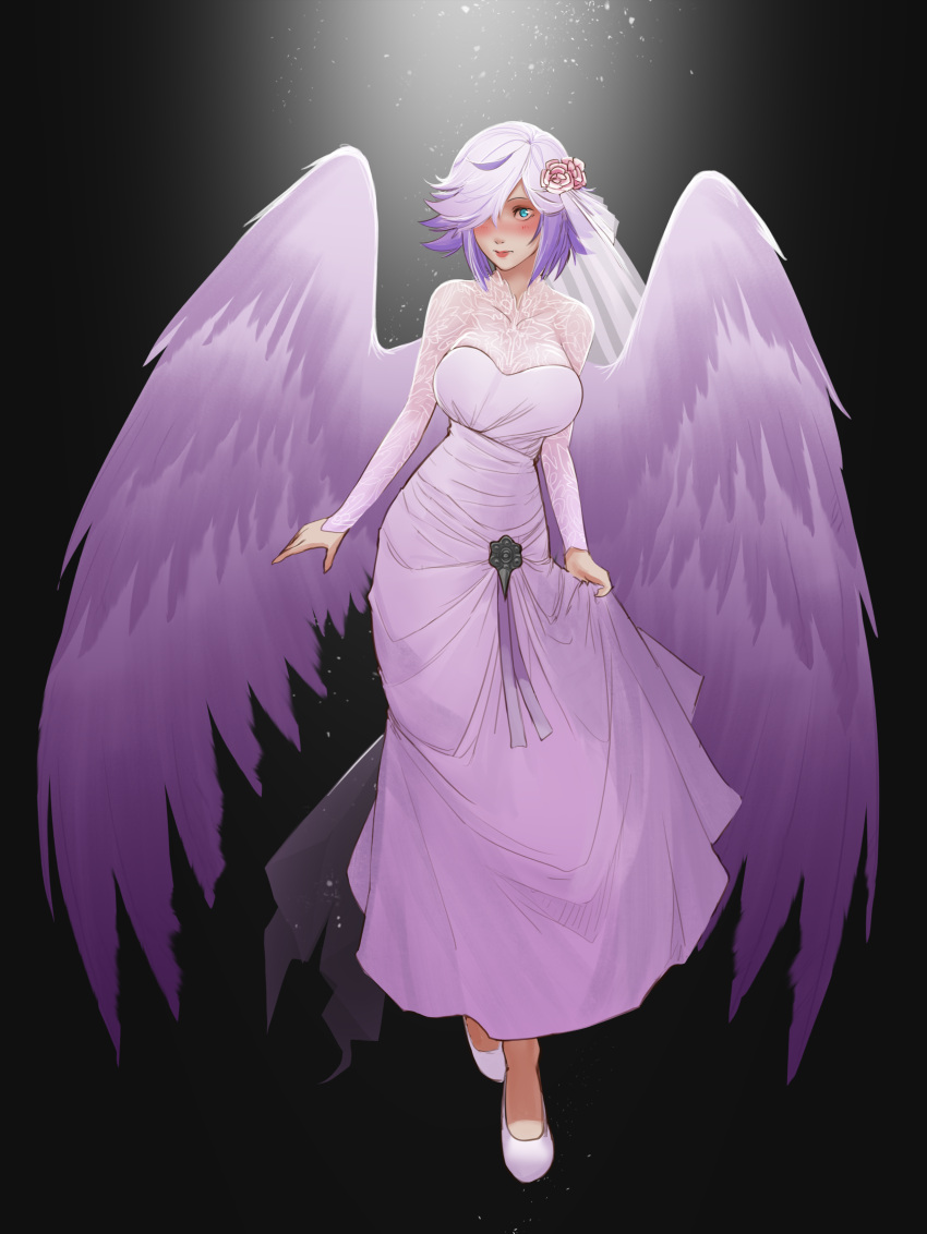 1girl, absurdres, angel, angel_wings, black_background, blue_eyes, blue_hair, blush, cupid_(monster_girl_encyclopedia), dress, flower, hair_flower, hair_ornament, hair_over_one_eye, highres, holding_dress, huge_filesize, less, light_particles, looking_at_viewer, monster_girl, monster_girl_encyclopedia, one_eye_covered, purple_feathers, purple_wedding_dress, simple_background, solo, wedding_dress, wings