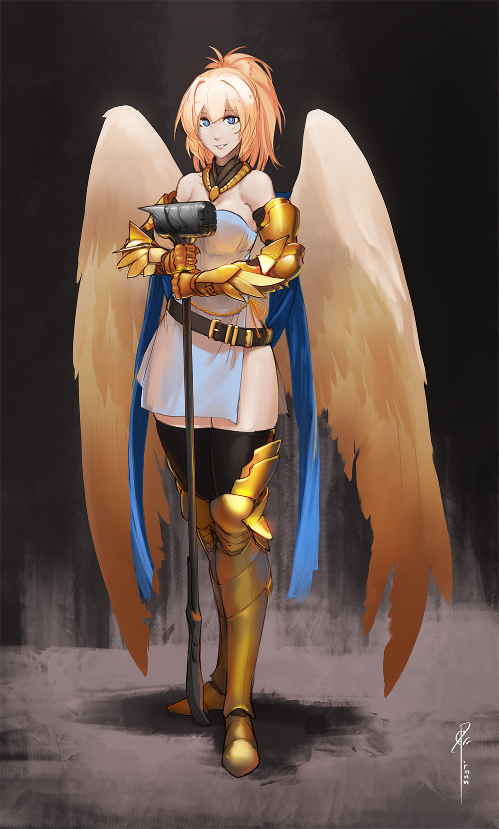 1girl, angel, angel_wings, arm_armor, belt, black_background, blue_eyes, gold_armor