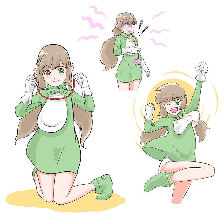 1girl, boots, brown_hair, dress, gloves, green_eyes, heterochromia, highres