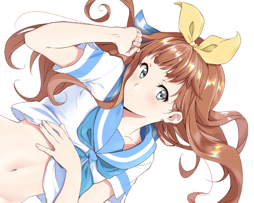 1girl, :o, blue_sailor_collar, blush, bow, brown_hair, clenched_hand, collarbone