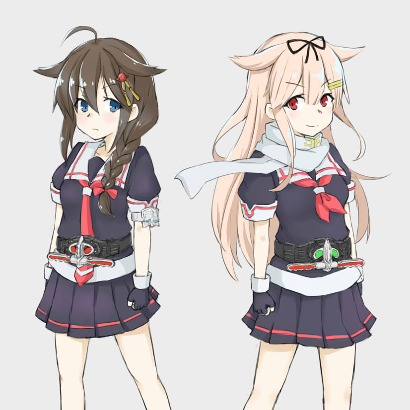 >:(, >:), 2girls, ahoge, black_gloves, black_serafuku, blonde_hair, blue_eyes, braid, brown_hair, commentary, fingerless_gloves, gloves, hair_flaps, hair_ornament, hair_over_shoulder, hair_ribbon, hairclip, kame_rider, kamen_rider, kamen_rider_amazon_alpha, kamen_rider_amazon_omega, kamen_rider_amazons, kantai_collection, long_hair, multiple_girls, neckerchief, necktie, parody, pleated_skirt, red_eyes, remodel_(kantai_collection), ribbon, rider_belt, scarf, school_uniform, serafuku, shigure_(kantai_collection), single_braid, skirt, white_scarf, yuudachi_(kantai_collection)